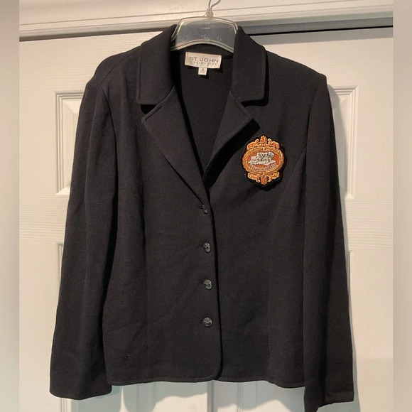 St John Collection Vintage Crest Black Wool Knit Blazer Cardigan Suit Jacket Y2K - Picture 1 of 6